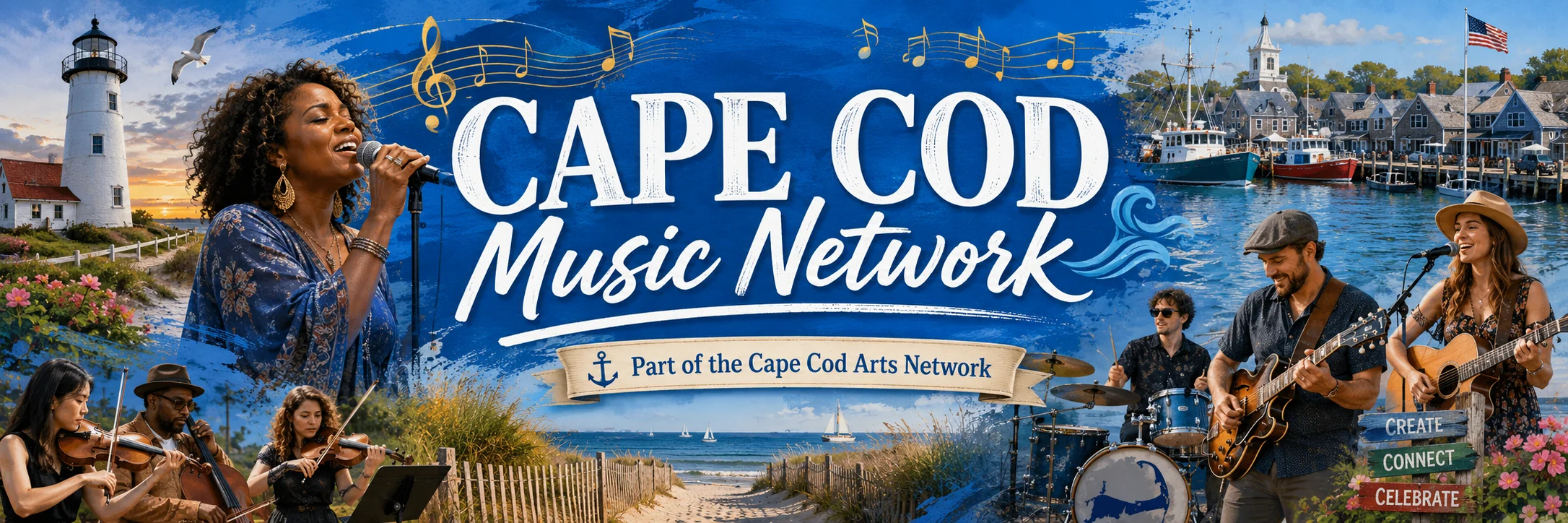 Cape Cod Music Network banner featuring Cape Cod scenery, singers, bands, ensembles, drummers, and the Cape Cod Arts Network ribbon